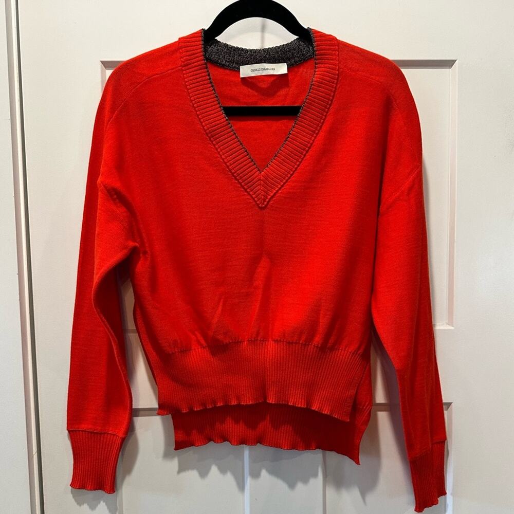 Cedric Charlier Red Wool Sweater - Asymmetrical Hem - V Neck Size 8